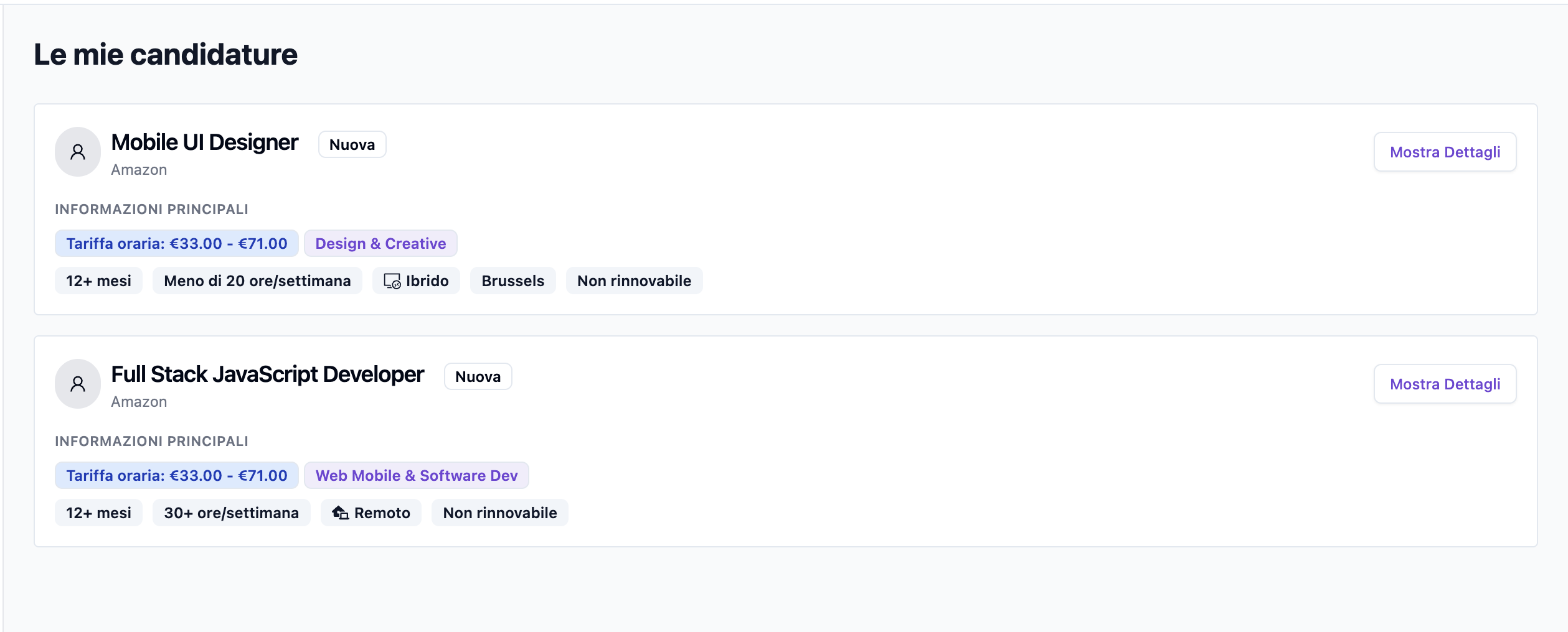 Sevedemo candidature utente